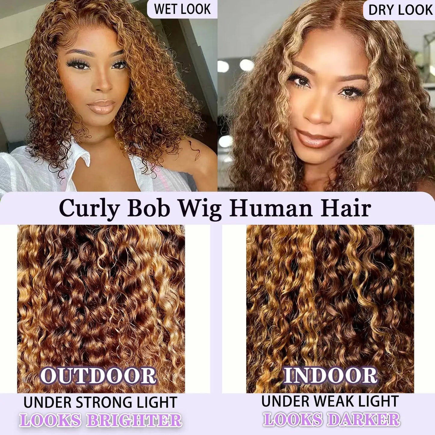 Curly Short Bob Wig Highlight 4/27 Honey Blonde Human Glueless