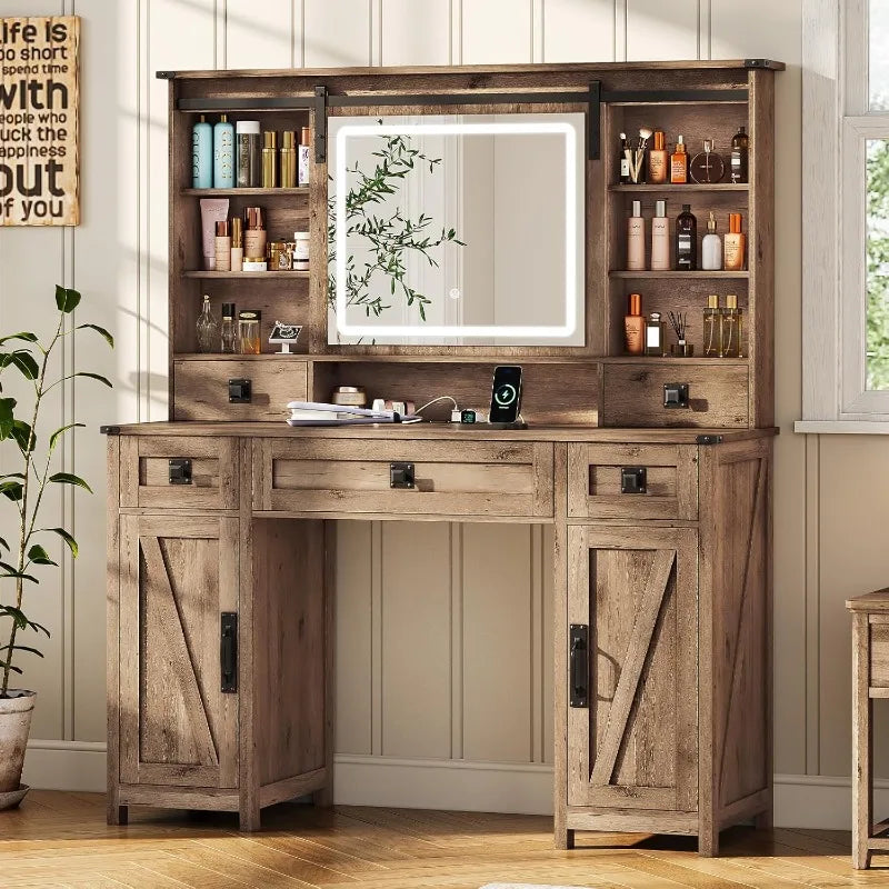 Vanity Desk with Lights, 47.2" Farmhouse Vanity Table with Sliding Mirror