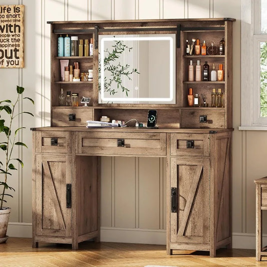 Vanity Desk with Lights, 47.2" Farmhouse Vanity Table with Sliding Mirror