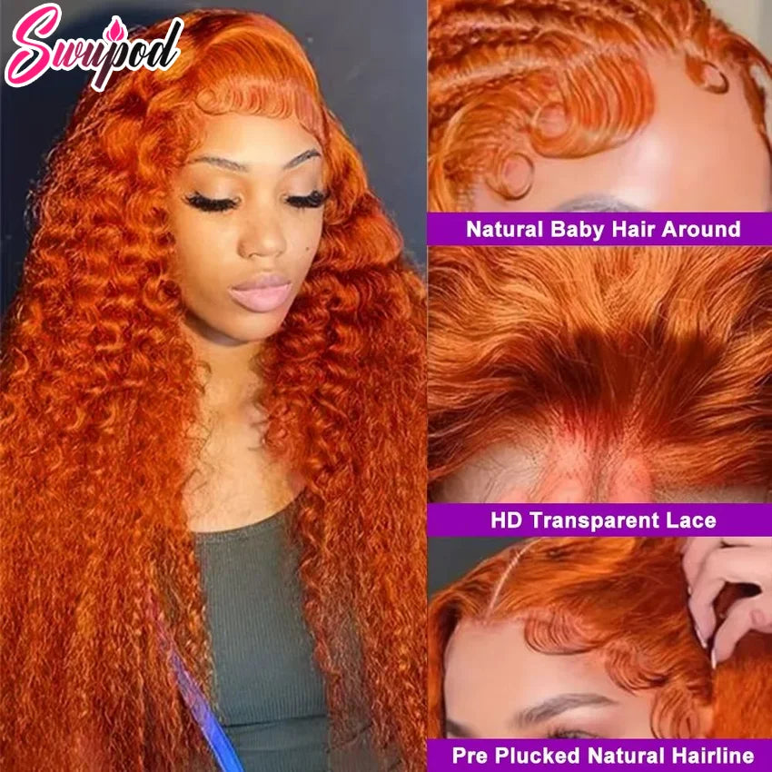 220% Density Transparent HD Lace Front Wig Wave Remy Human Hair Ginger Orange 350# Loose Curly