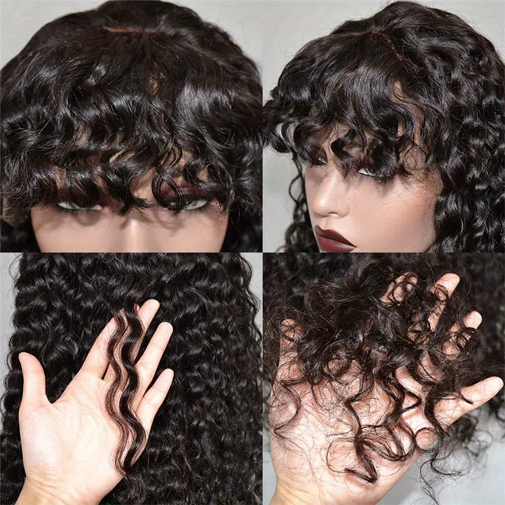 Bob Wig Machine Made Curly Human Hair Wig With Bangs 3x1 Lace Closure Bob Wig