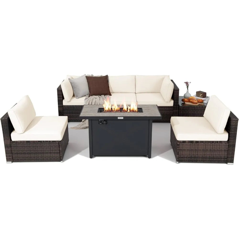7 Piece Patio Furniture Set with Fire Pit Table, Includes  Fire Pit and Protective Cover,