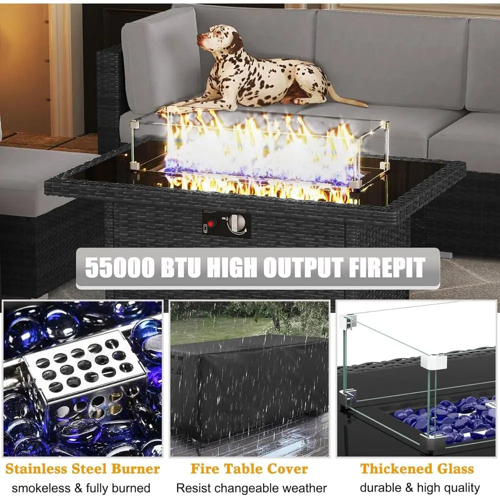 15-Piece Outdoor Patio Furniture Set with Fire Pit Table,  Rattan Sectional Sofa with Coffee Table