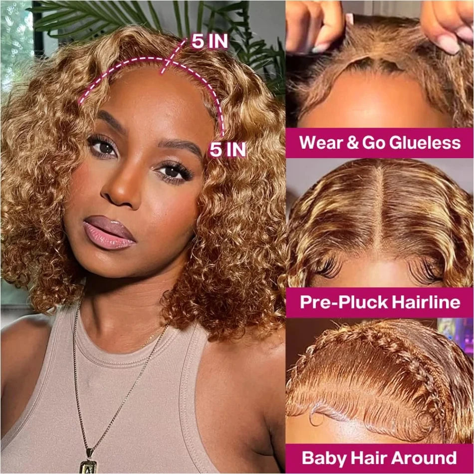 Curly Short Bob Wig Highlight 4/27 Honey Blonde Human Glueless