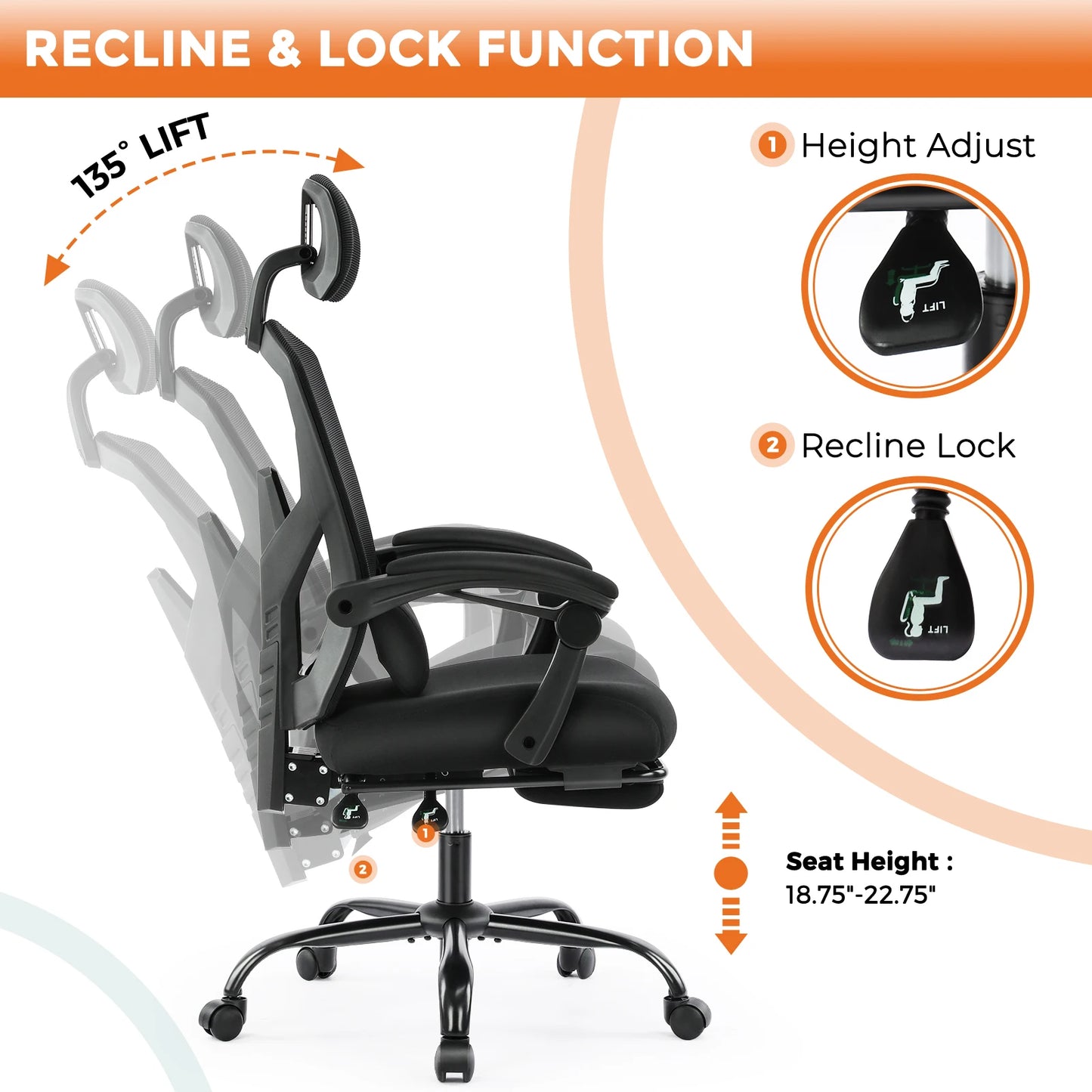 High Back Ergonomic Reclining Gaming Office Chair with Lumbar Support Pillow Meshair
