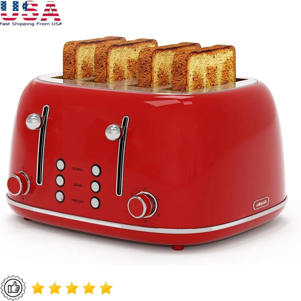 4 Slice Toaster Retro Design Stainless Steel 1.5 Inch Slots 6 Levels Dual Independent Controls Easy Clean Crumb Tray