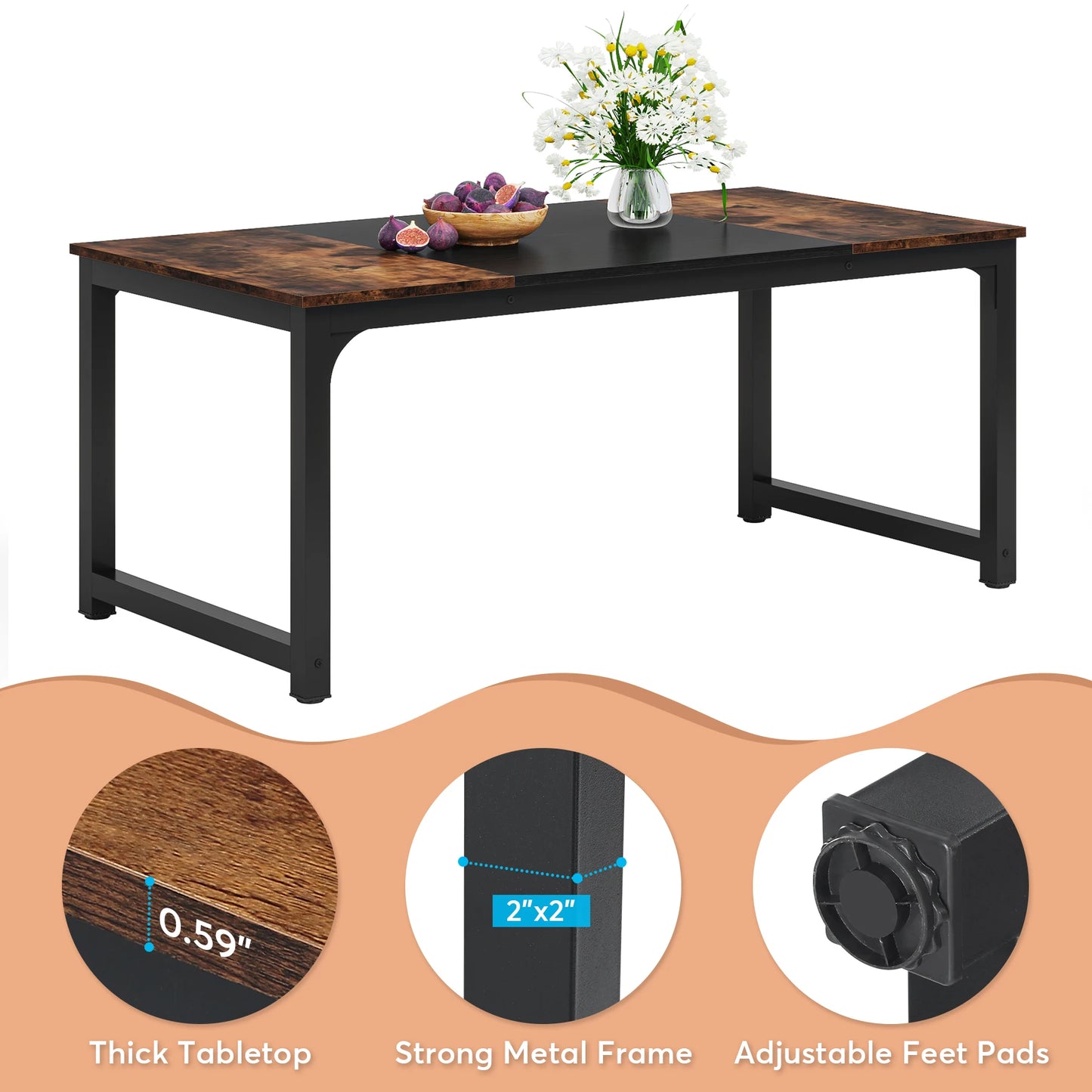 Dining Table, Industrial Kitchen Table for 6-8 Person,