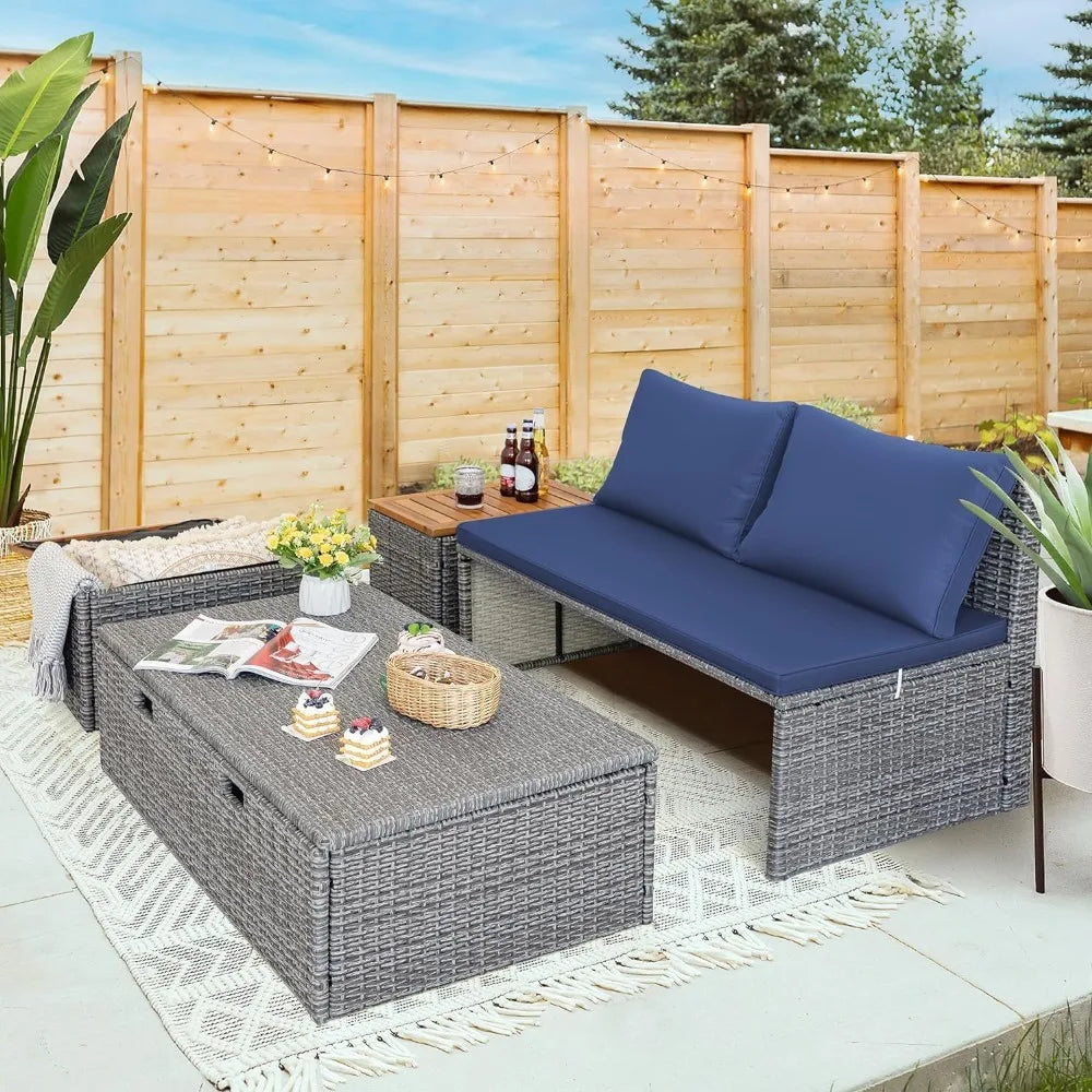 Patio Day Bed Outdoor Daybed Set Multifunctional Rattan Lounge Bed with 2 Side Tables