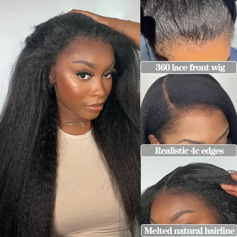 Wig Invisible Strap HD 360 Lace Front Wigs Human Hair Kinky Straight 250 Density