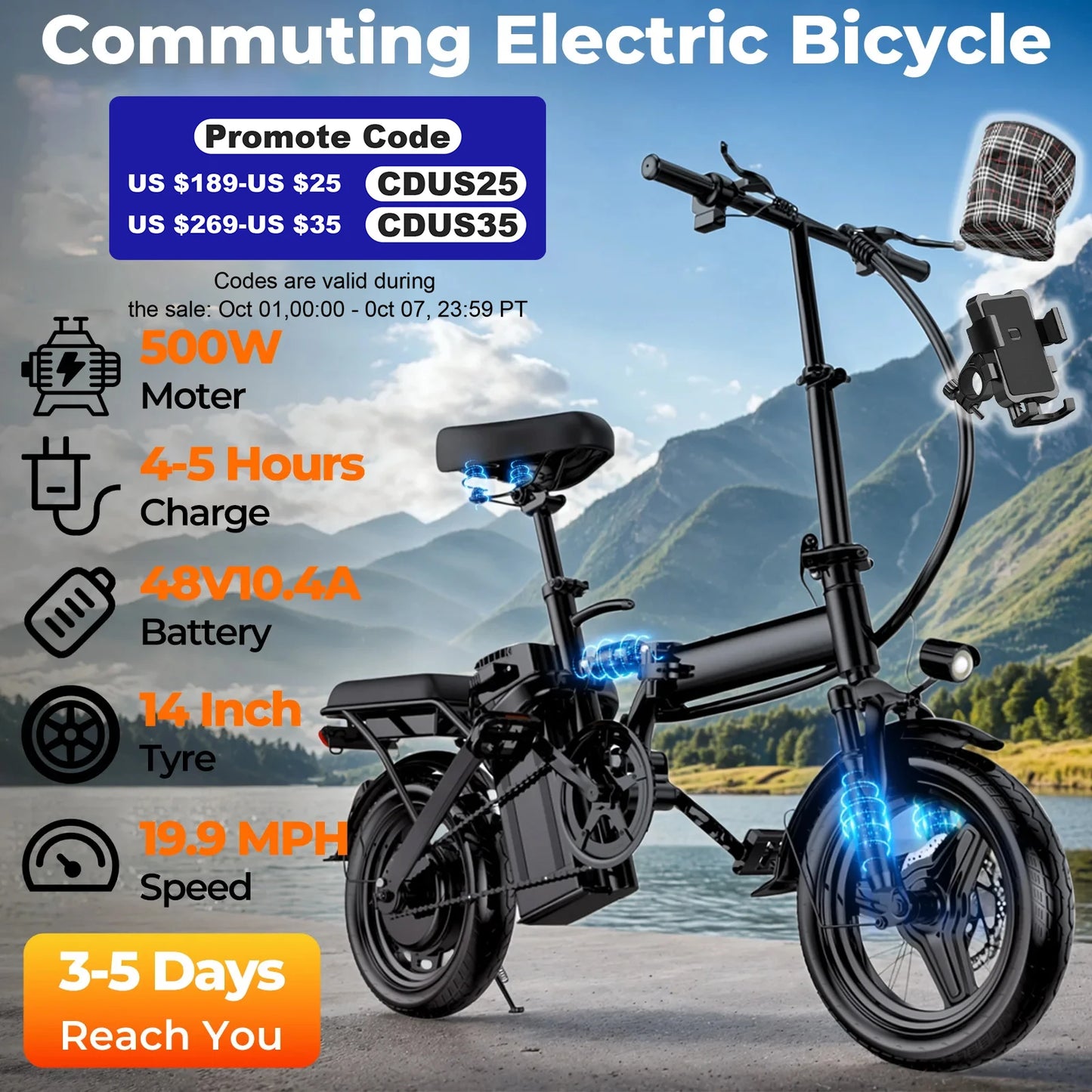 Adult Electric Bike, 20 MPH, Removable Battery, 14 Inch Folding Electric Bike,