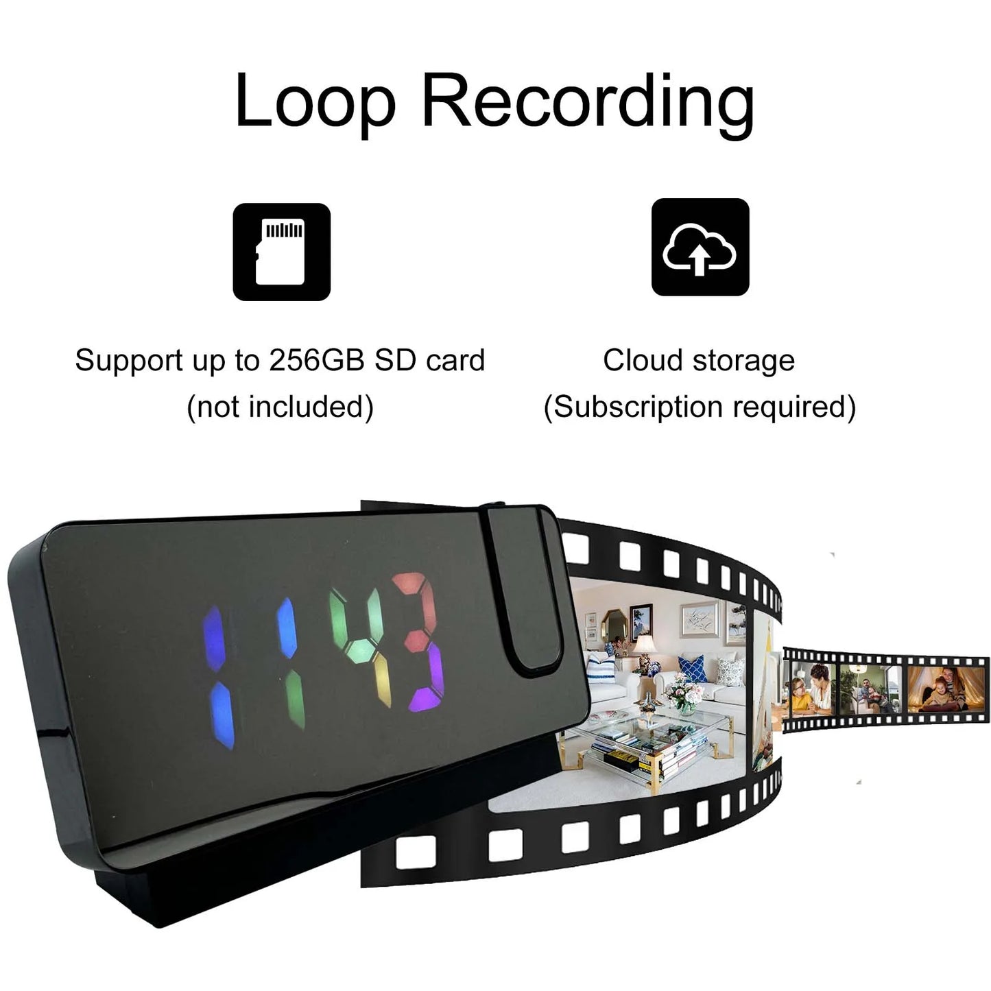 Projection Alarm Clock Camera with Wi-Fi, Motion Detection, Remote Viewing, Recording, Nanny Cam for Indoor Security