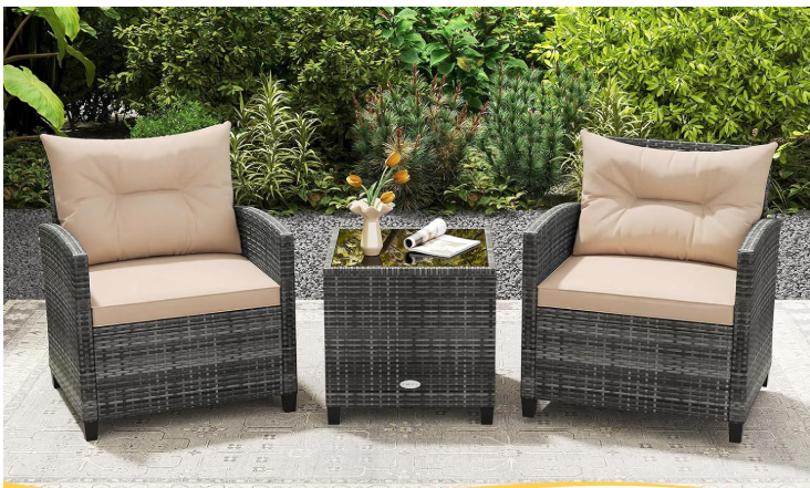 RELAX4LIFE 3-Piece Wicker Patio Furniture Set – Rattan Outdoor Sofa with Tempered Glass Table, Grey