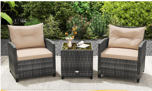 RELAX4LIFE 3-Piece Wicker Patio Furniture Set – Rattan Outdoor Sofa with Tempered Glass Table, Grey