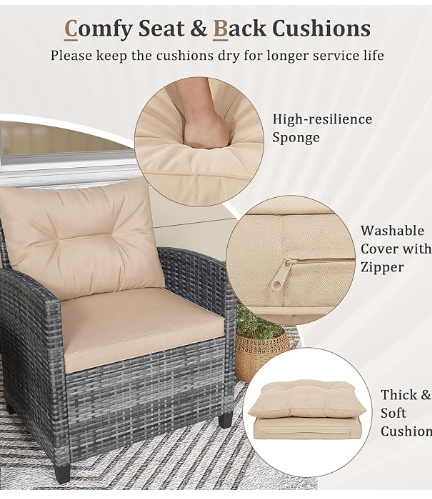 RELAX4LIFE 3-Piece Wicker Patio Furniture Set – Rattan Outdoor Sofa with Tempered Glass Table, Grey
