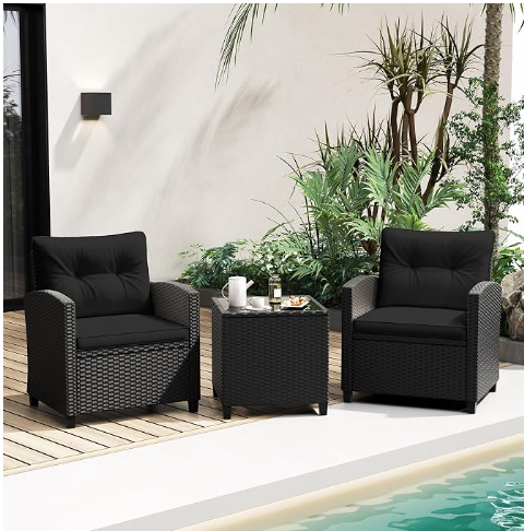 RELAX4LIFE 3-Piece Wicker Patio Furniture Set – Rattan Outdoor Sofa with Tempered Glass Table, Grey