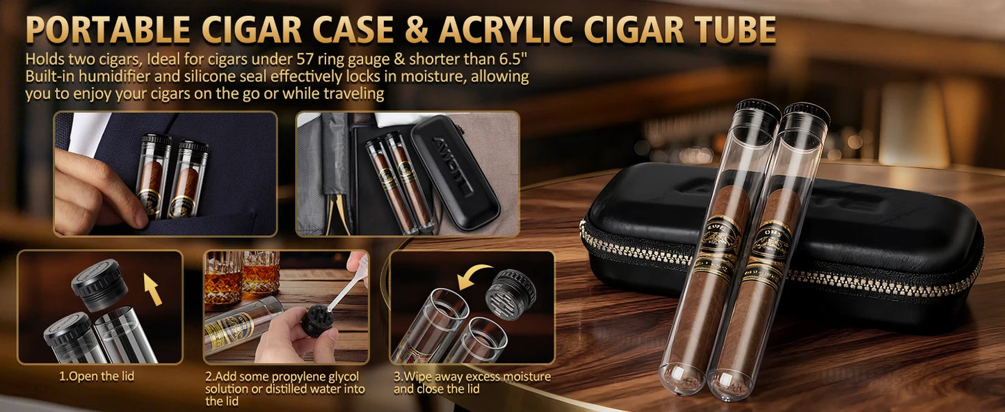 Premium Cedar Wood Cigar Humidor with Leather Case, Cigar Tube, Digital Hygrometer & 2 Humidifiers - Luxury Gift Set