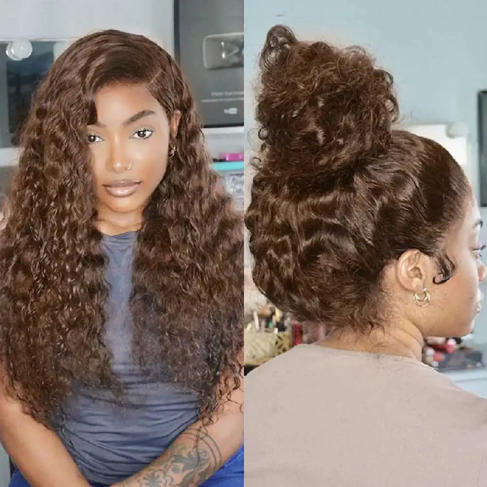 Chocolate Brown 30 Inch Deep Wave Lace Front Wig Glue less Wig Human Hair