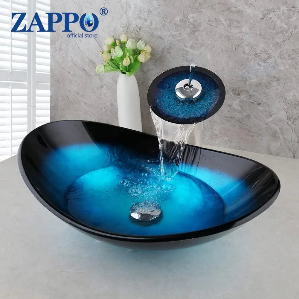 Tempered Glass Bathroom Vessel Sink with Waterfall Black Faucet
