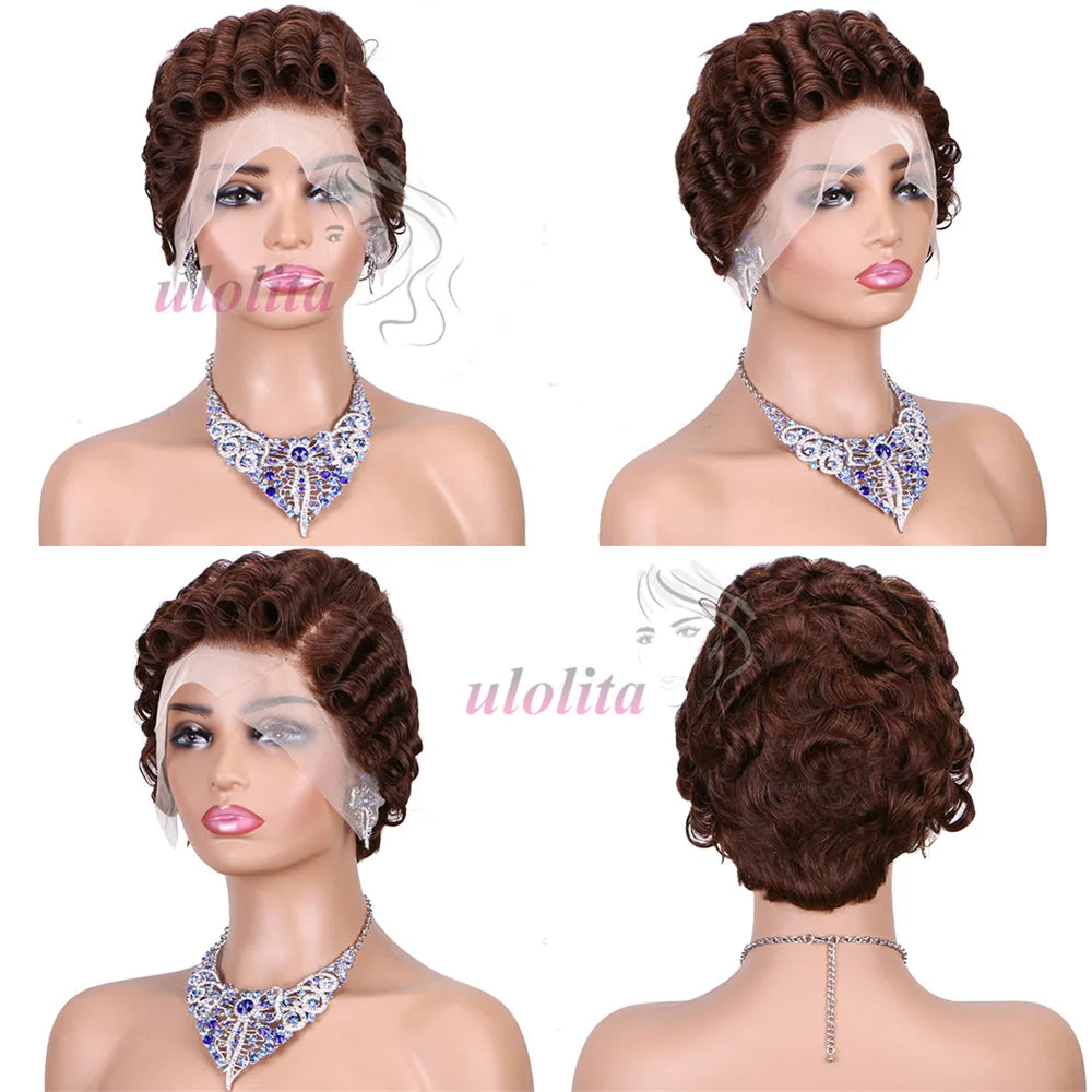 613 Blonde Pixie Cut Short Bob Loose Wave 100% Human Hair Wig Chocolate Brown