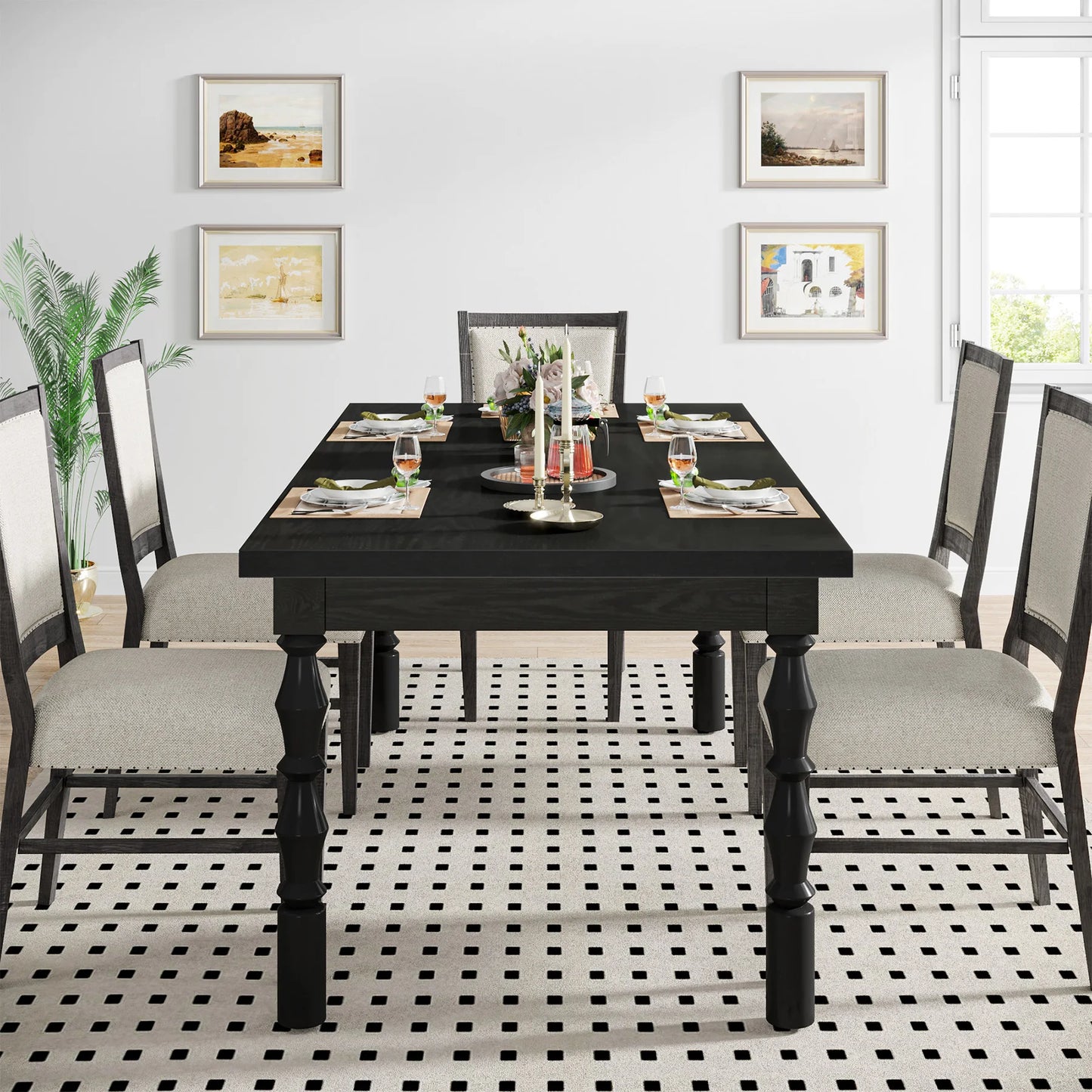 62” Wood Patio Table for 4-6 People, Farmhouse Large Indoor