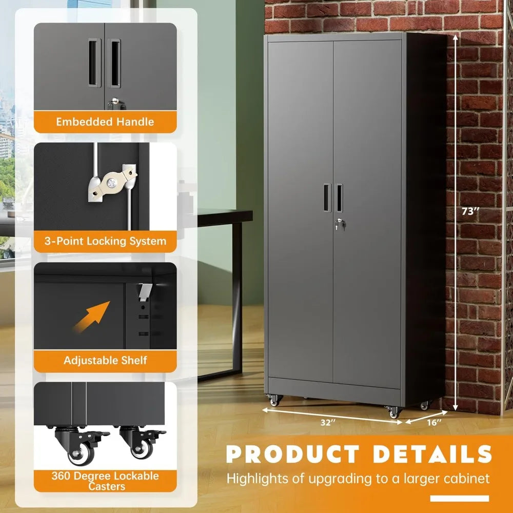 36" Metal Storage Cabinet with Wheels, Lockable Rolling Metal Garage Cabinets