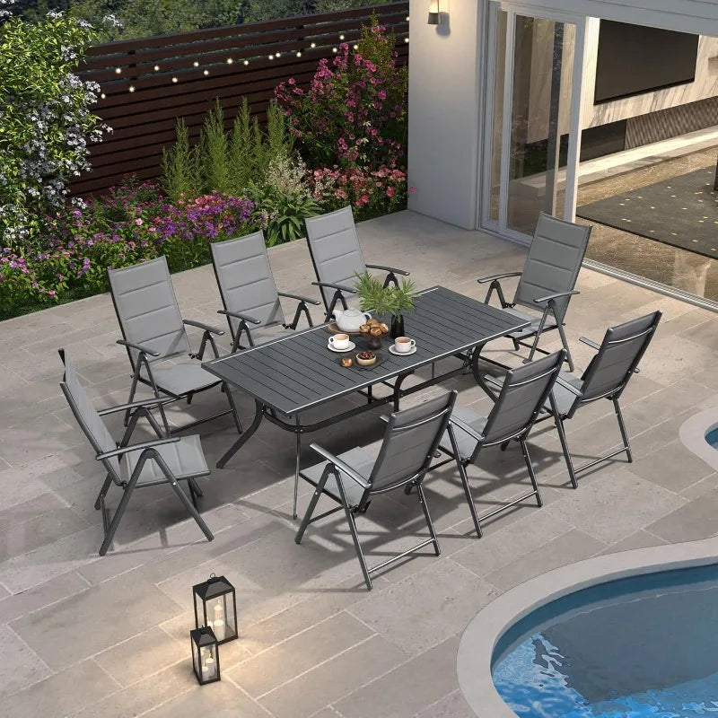 Outdoor Dining Set for 8 with All-Aluminum Black Slat Table an Padded Folding Chairs