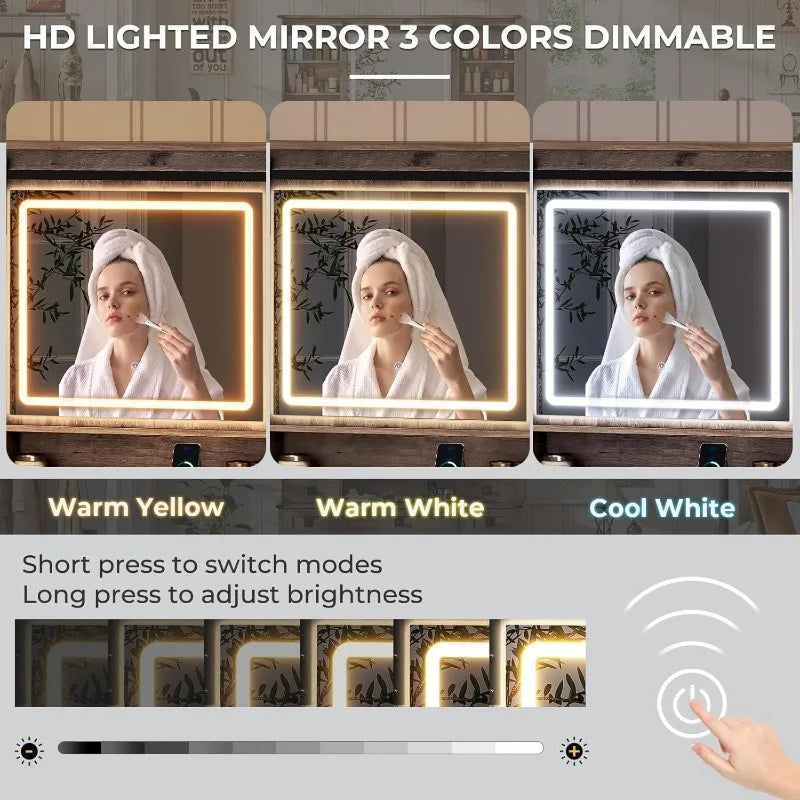 Vanity Desk with Lights, 47.2" Farmhouse Vanity Table with Sliding Mirror