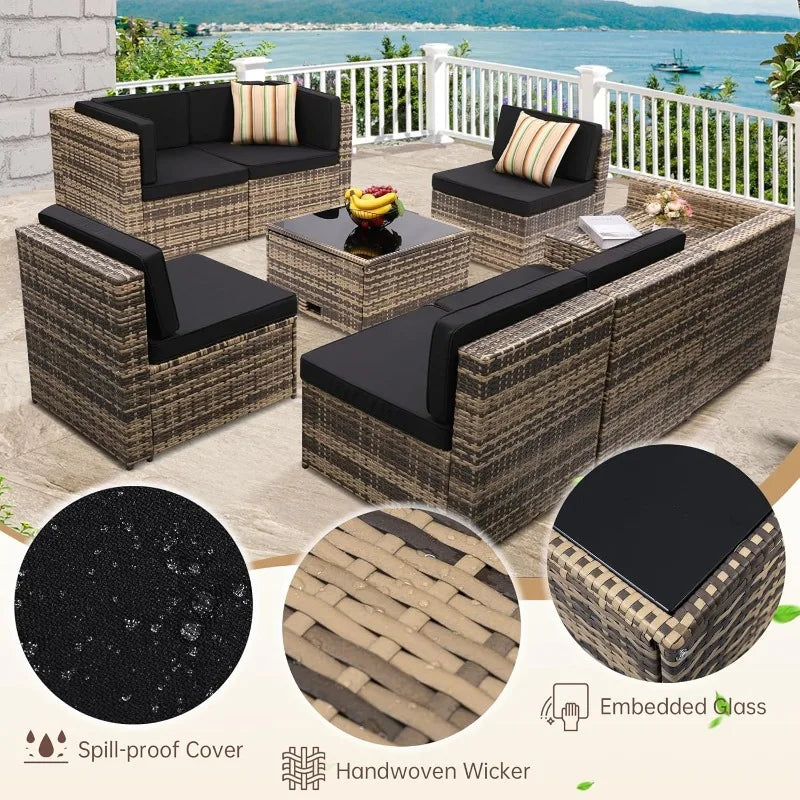 8 Piece Outdoor Wicker Patio Furniture Sectional Set, Glass Top