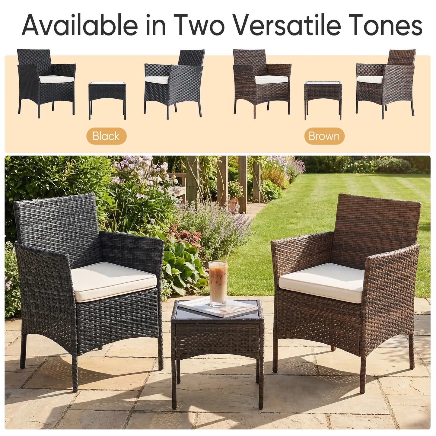 3 Pieces Outdoor Patio Furniture Set Manual Weaving Wicker Rattan Patio Chairs with Soft Cushion and Glass Table For Garden