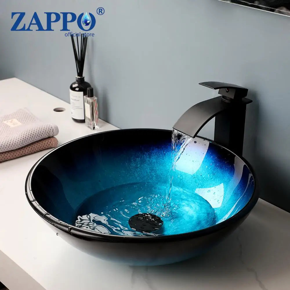 Tempered Glass Bathroom Vessel Sink with Waterfall Black Faucet