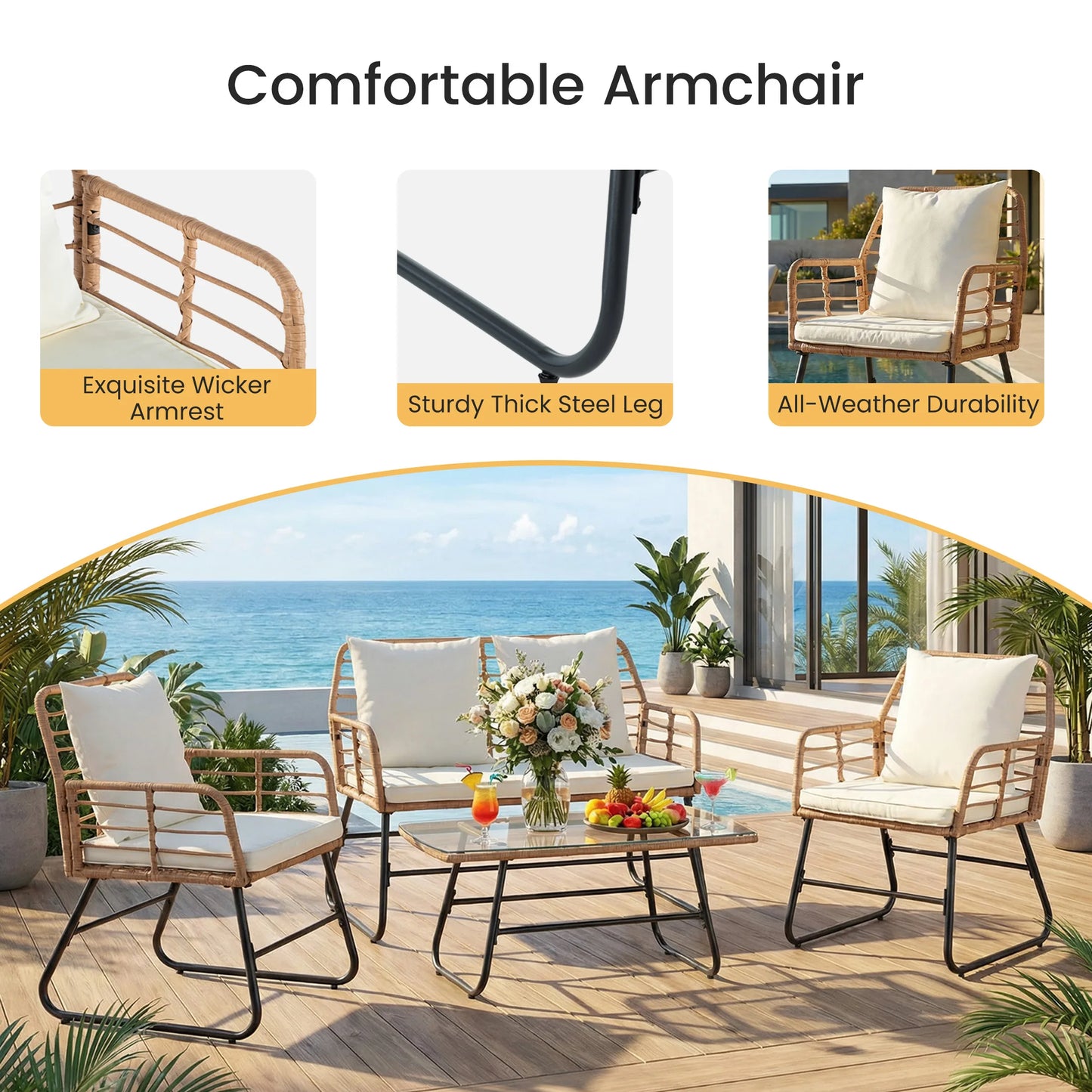 Outdoor Wicker Patio Furniture Set 4 Pieces with Soft Cushion