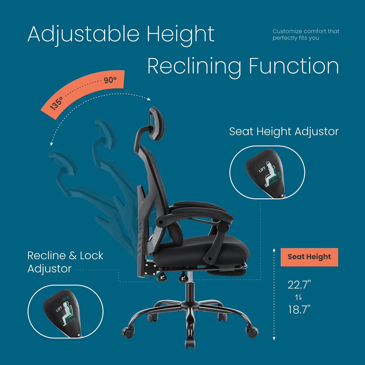 High Back Ergonomic Reclining Gaming Office Chair with Lumbar Support Pillow Meshair