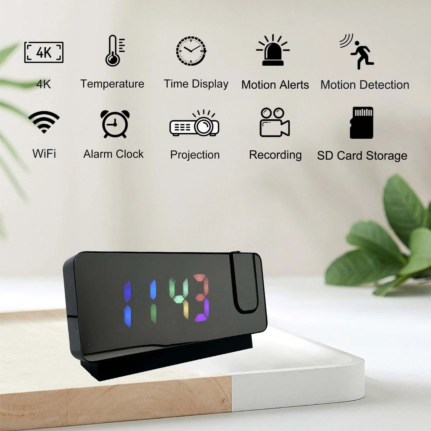 Projection Alarm Clock Camera with Wi-Fi, Motion Detection, Remote Viewing, Recording, Nanny Cam for Indoor Security
