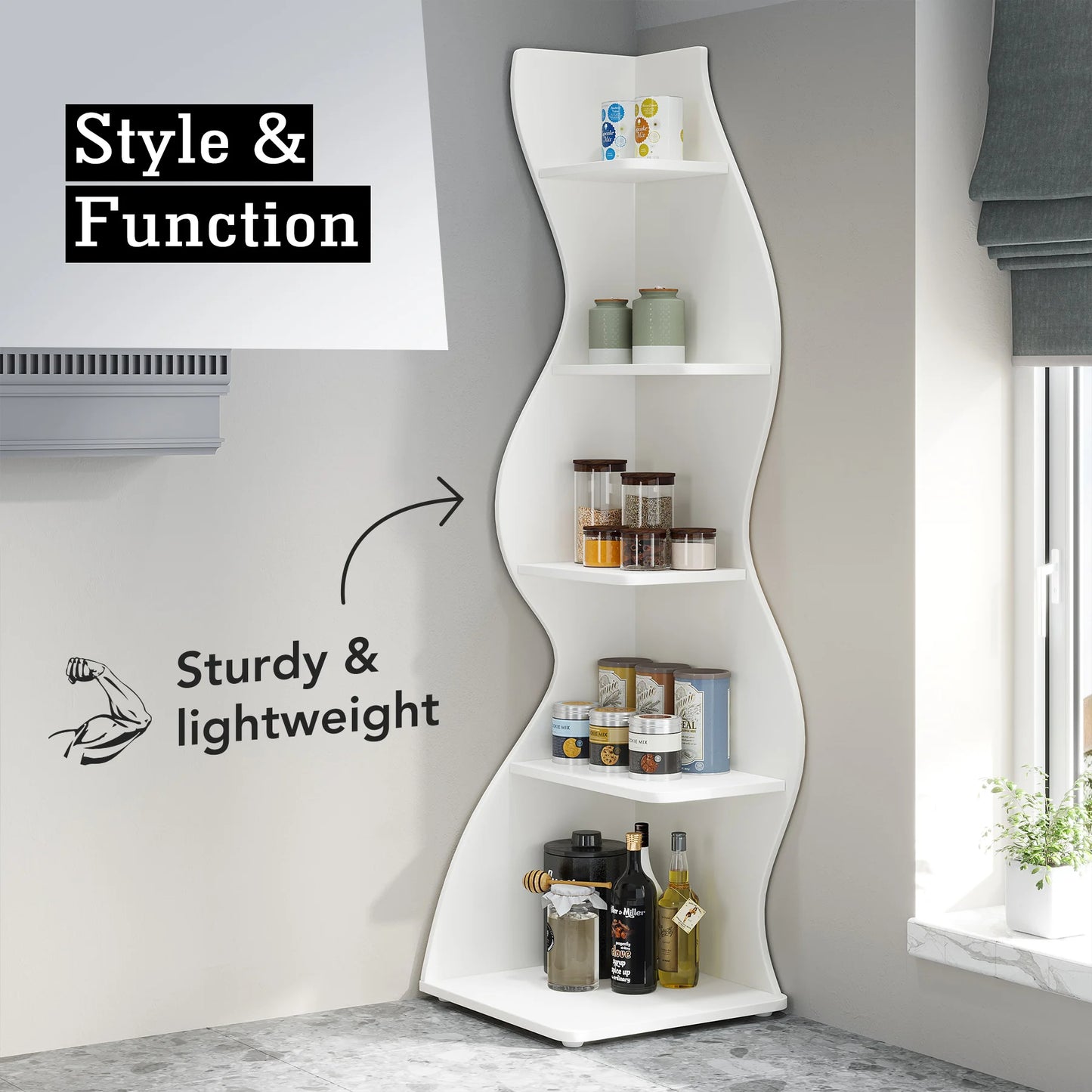 Corner Shelf, Modern 5-Tier Wall Corner Bookshelf,