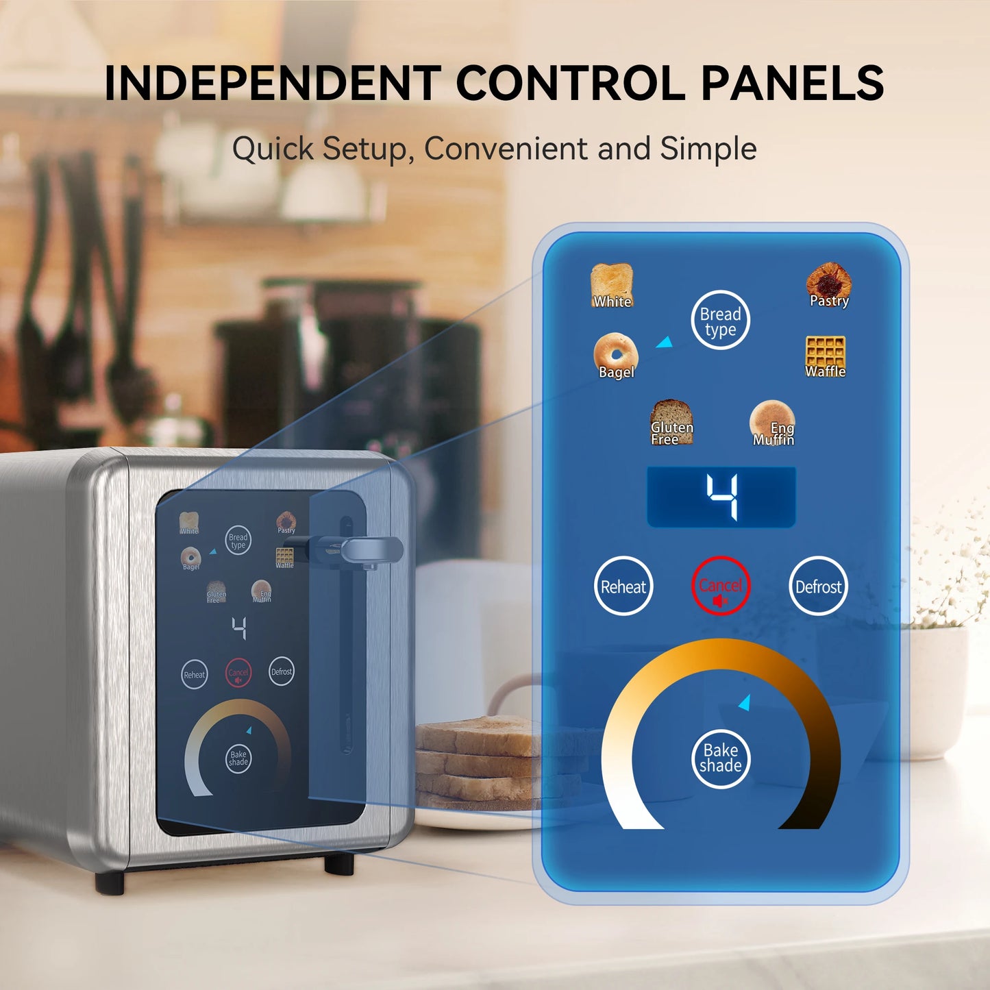 2 Slice Toaster, Touchscreen Toasters with Stainless Steel, Wide Slots