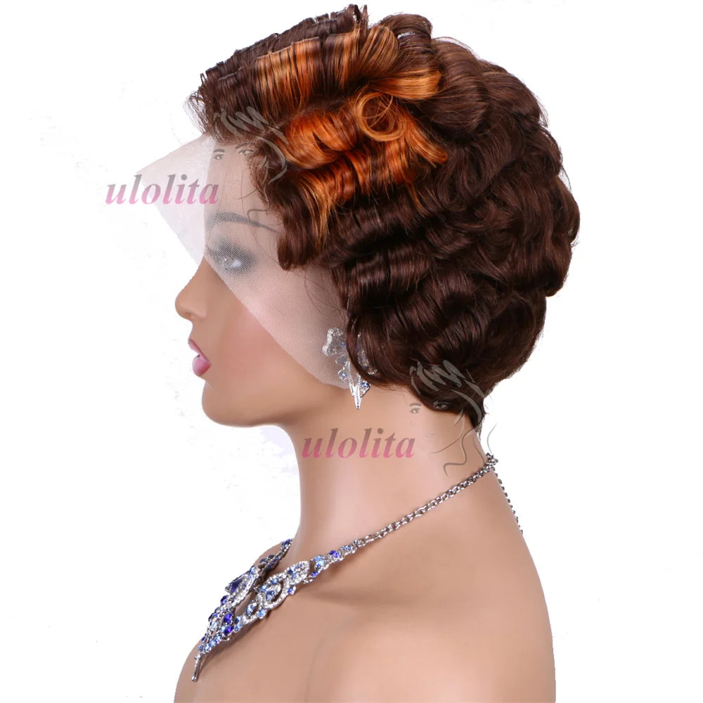 613 Blonde Pixie Cut Short Bob Loose Wave 100% Human Hair Wig Chocolate Brown