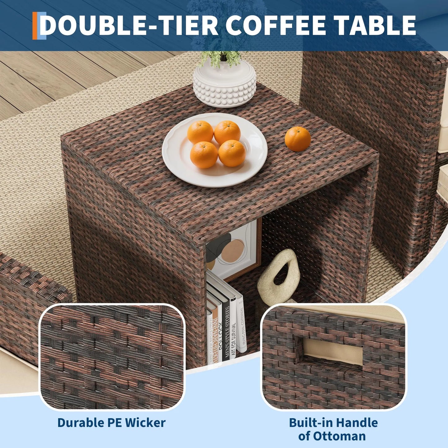 5-Piece All-Weather Pe Rattan Patio Set, Wi High Back Chair with 2 Ottomans & Table, Soft Cushions For Garden & Porch