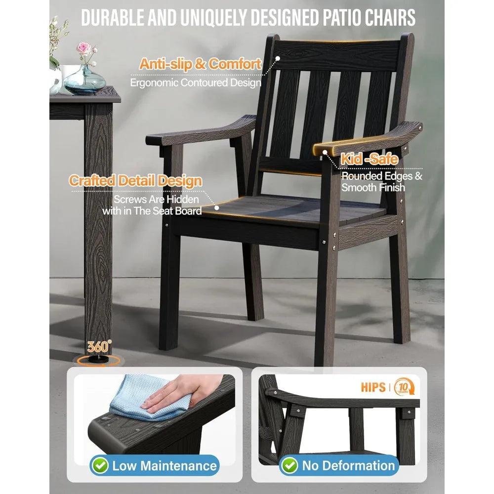 HIPS Patio Set Table : 7 Piece Outdoor Table and Chairs Dining Furniture Set with Umbrella Hole - Black Modern Plastic Dining Se