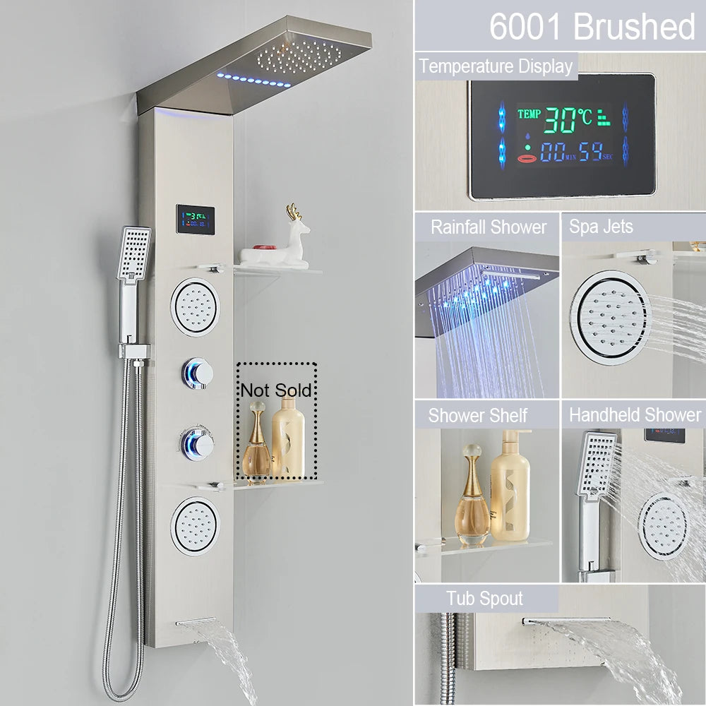 LED Light Shower Panel Waterfall Rain Digital Display Shower Faucet Set