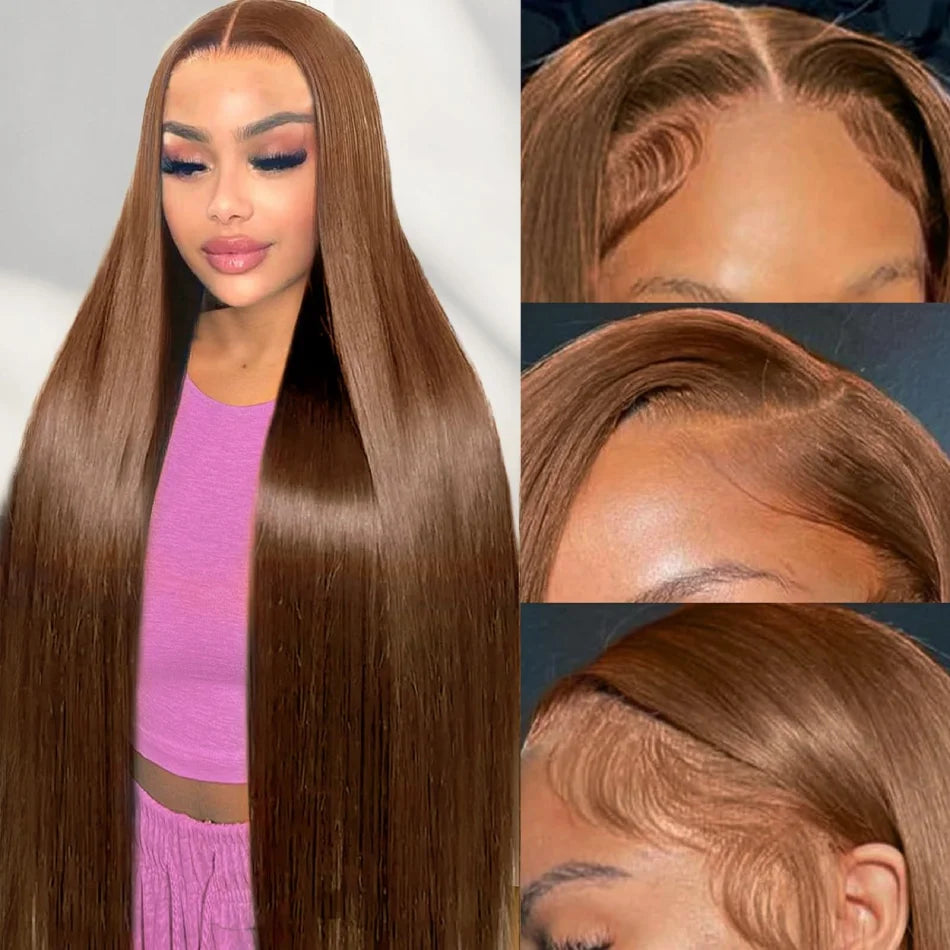 Chocolate Brown Human Hair Wig Colored Straight 13X6 Hd Lace Frontal Wig