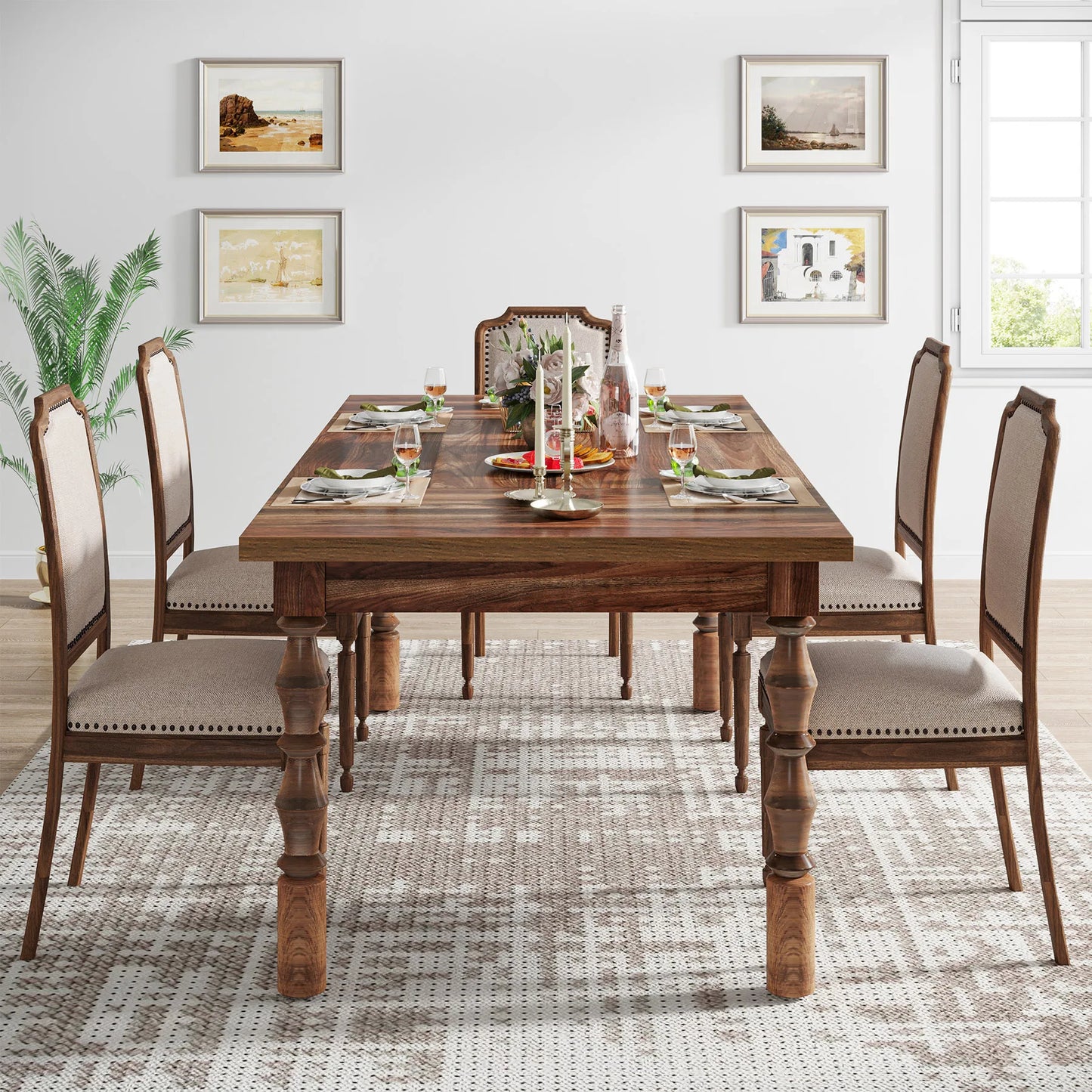 62” Wood Patio Table for 4-6 People, Farmhouse Large Indoor