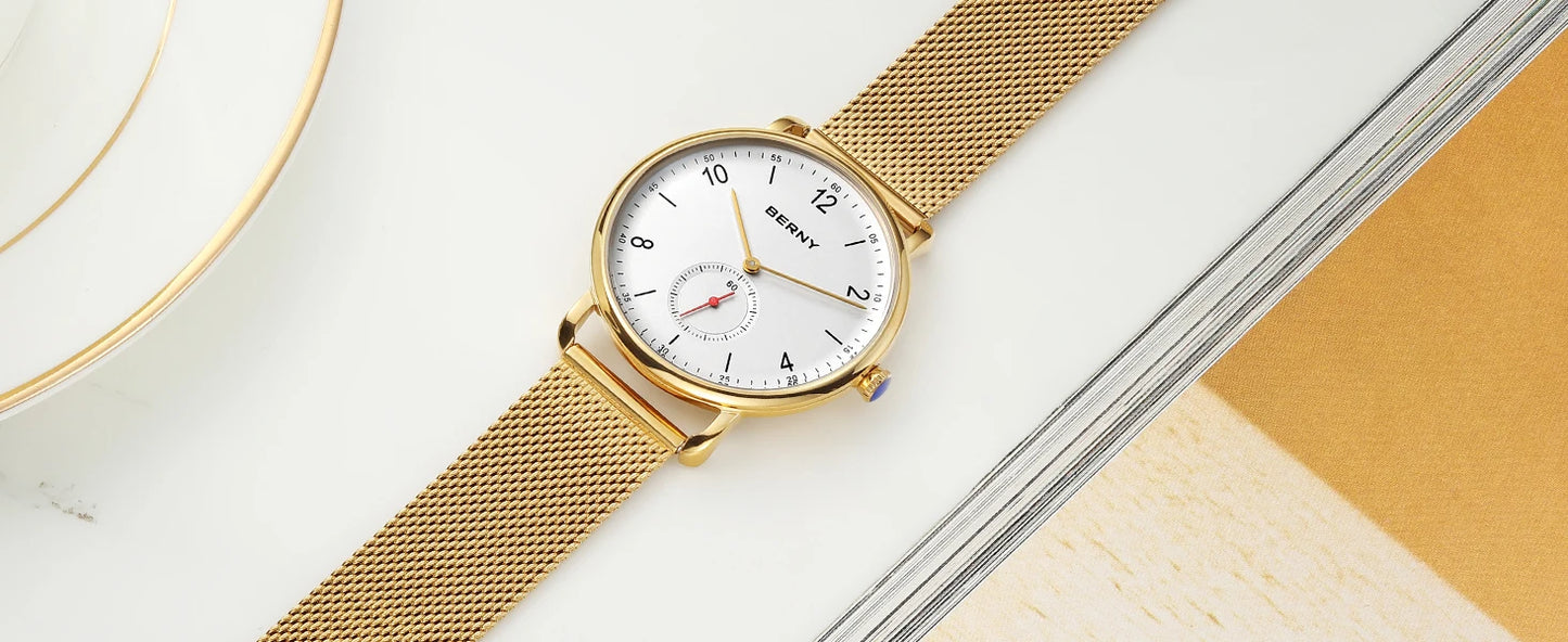 BERNY Quartz Men's Watch  Quality 316L Stainless Steel  Top Slim Case Fashion Couple's Wristwatch Simple Casual Men/Women Watches