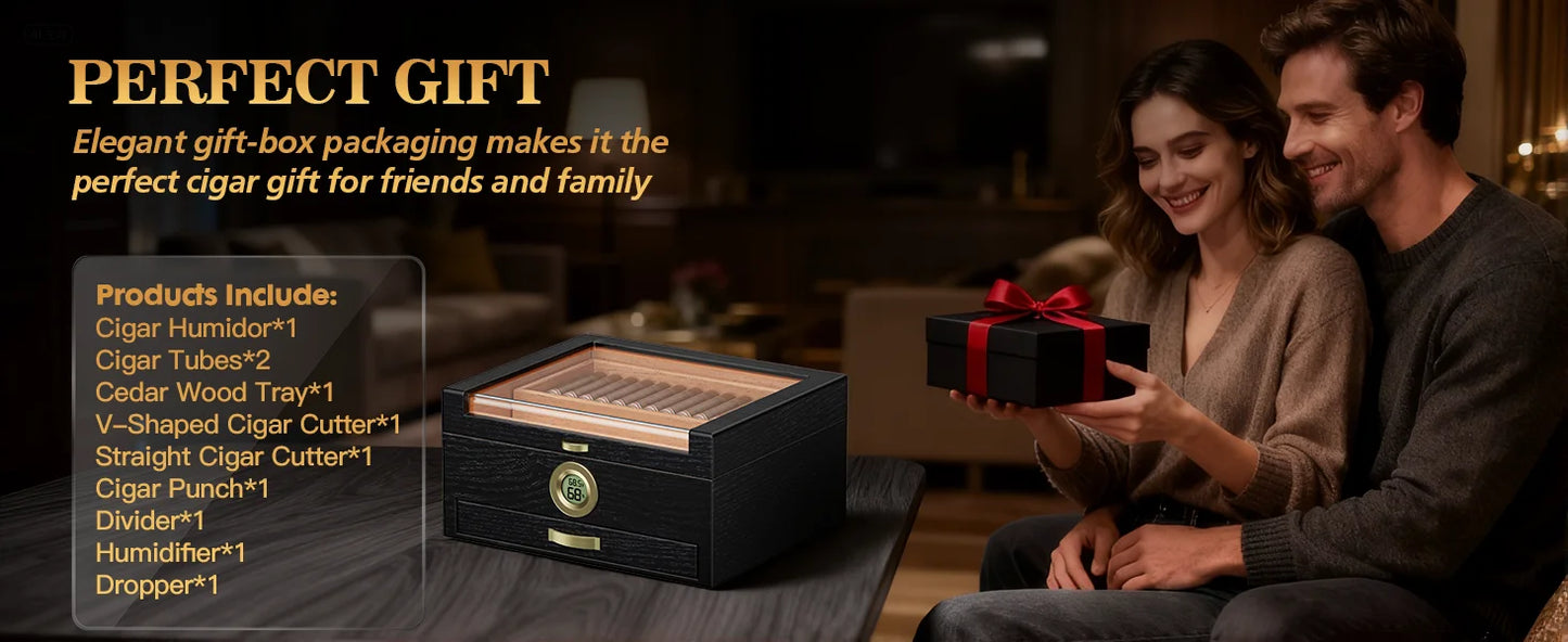 Cigar Humidor with Music Box System Cigar Humidor  and Cedar Wood Tray-Transparent Top Desktop Humidor Digital Hygrometer & Humidifier