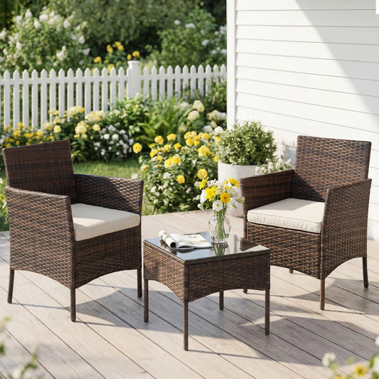 3 Pieces Outdoor Patio Furniture Set Manual Weaving Wicker Rattan Patio Chairs with Soft Cushion and Glass Table For Garden