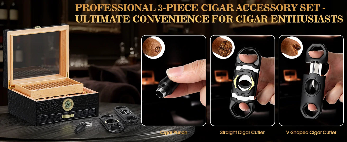 Cigar Humidor with Music Box System Cigar Humidor  and Cedar Wood Tray-Transparent Top Desktop Humidor Digital Hygrometer & Humidifier
