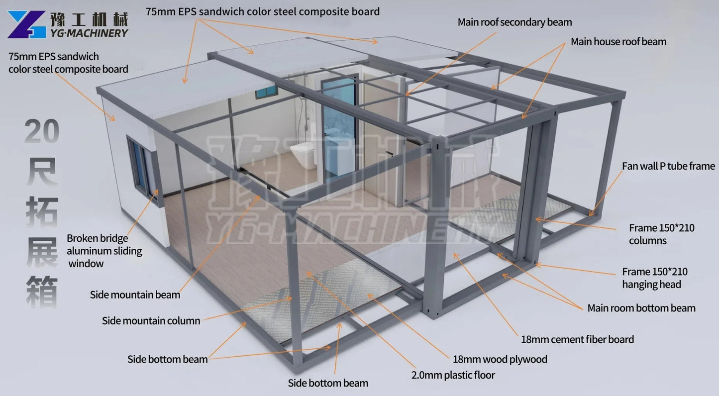 Portable Living Container Tiny House 20ft Foldable Prefab Mobile Modular Office Home Steel Frame Expandable