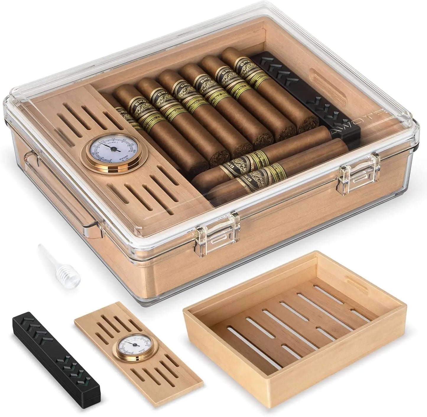 Acrylic Cigar Humidor, Cigar Box with Hygrometer, Humidifier and Cedar Wood Tray, Desktop Cigar Case Can Hold About 20-30 Cigars