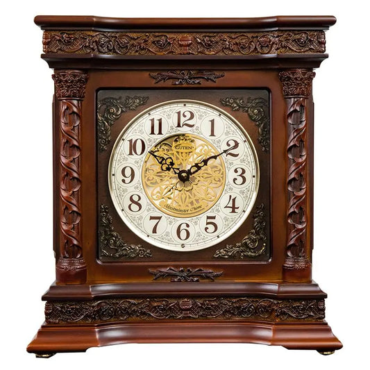 Solid Wood Table Clock Retro Silent Hourly Chime Desk