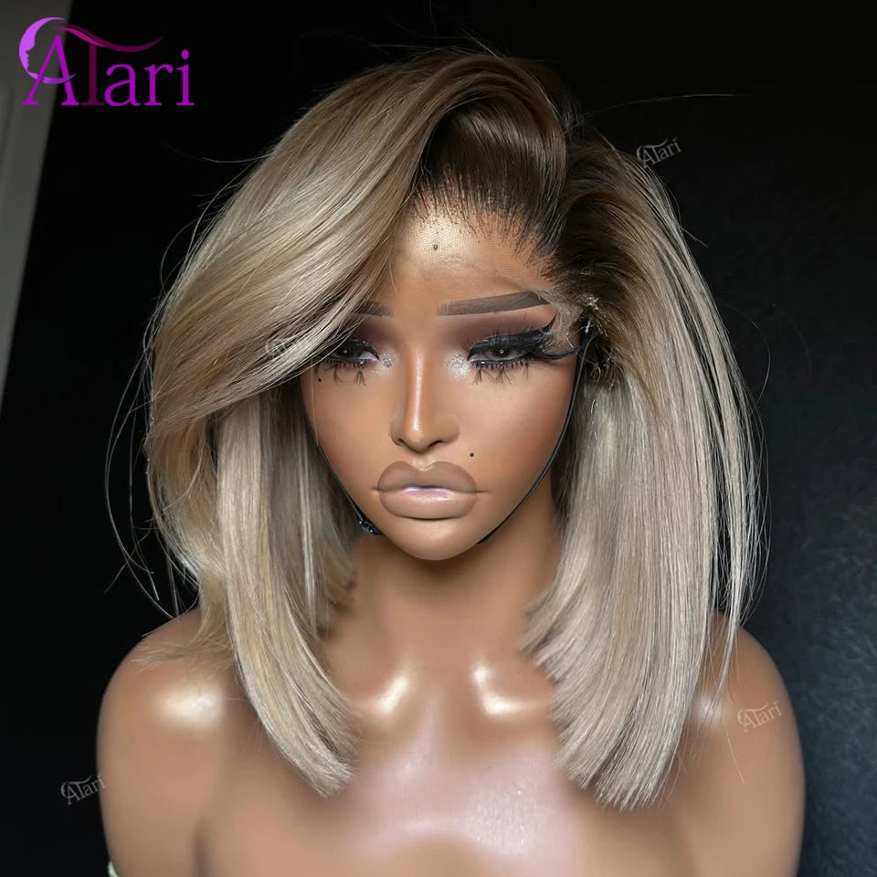 Ash Blonde with Brown Roots Short Bob Wig Transparent 13x4