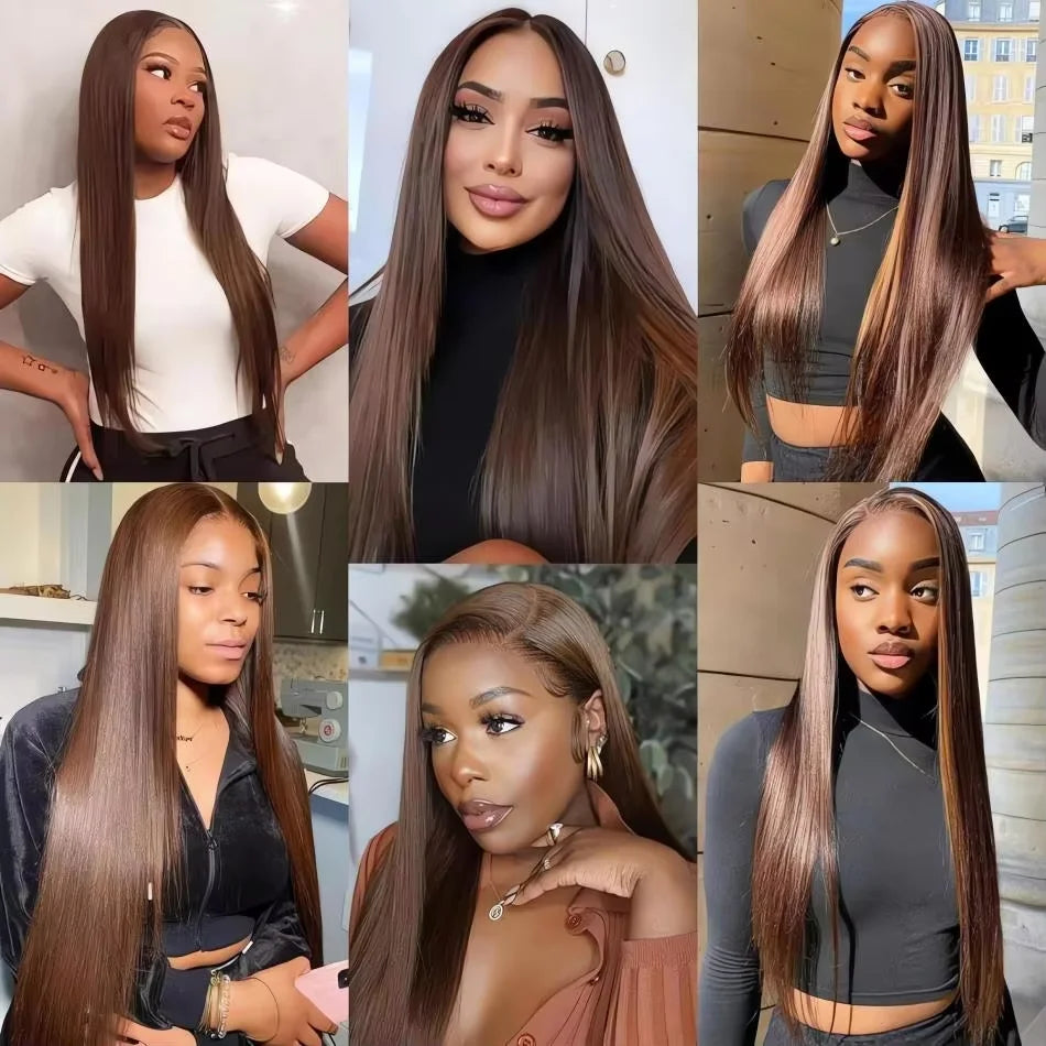 Chocolate Brown Human Hair Wig Colored Straight 13X6 Hd Lace Frontal Wig